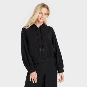 Who What Wear Women's Sweater Large Knit Woven Hooded Boxy Copped Black New